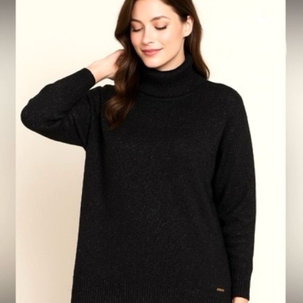 NWT Anne Klein Sweater size XL Black Gold Metallic Thread Loose Turtleneck Soft